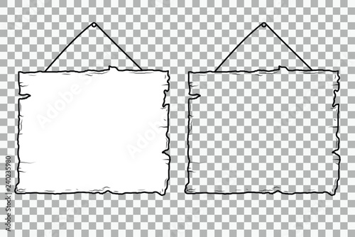 Vector drawing empty blank and white wooden sign board with rope on transparent background