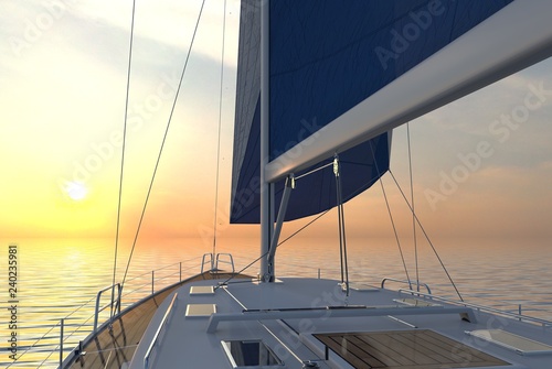 Sailing lboat at open sea towards sunset 3d illustration © elenaed