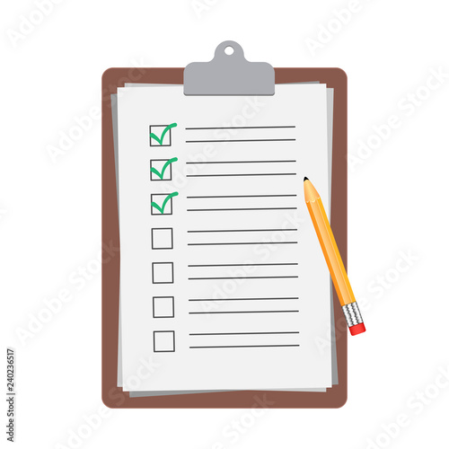 Notepad isolated on white background, checklist document Illustration. Flat design of clipboard and checklist document