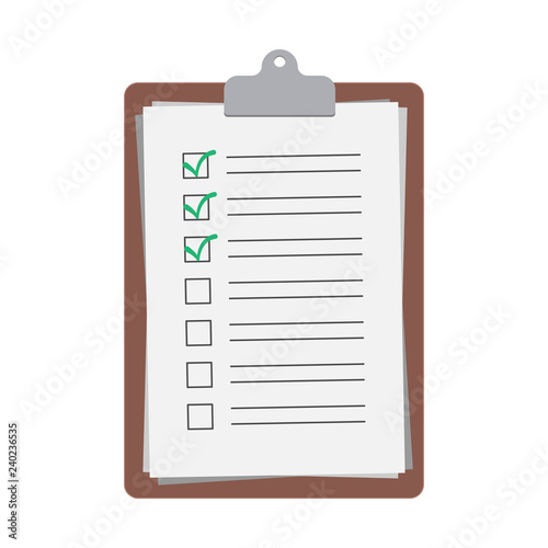 Notepad isolated on white background, checklist document Illustration. Flat design of clipboard and checklist document