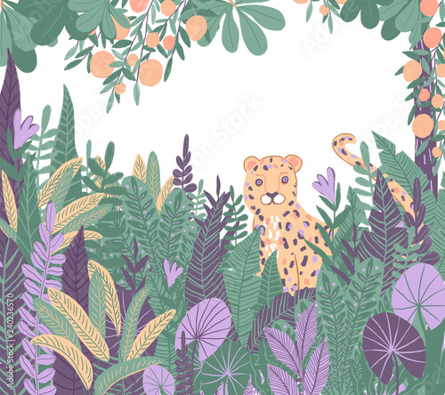 Exotic tropics. Leopard in the jungle. Paradise, tropic plants and trees