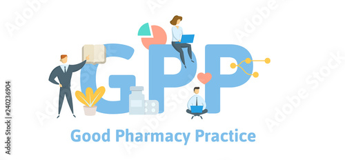 GPP, good pharmacy practices. Concept with keywords, letters and icons. Colored flat vector illustration. Isolated on white background.