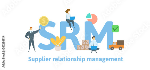 SRM, supplier relationship management. Concept with keywords, letters and icons. Colored flat vector illustration. Isolated on white background.