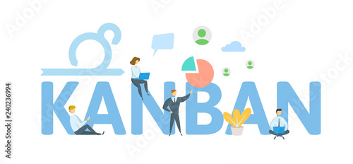 KANBAN. Concept with keywords, letters and icons. Colored flat vector illustration. Isolated on white background.