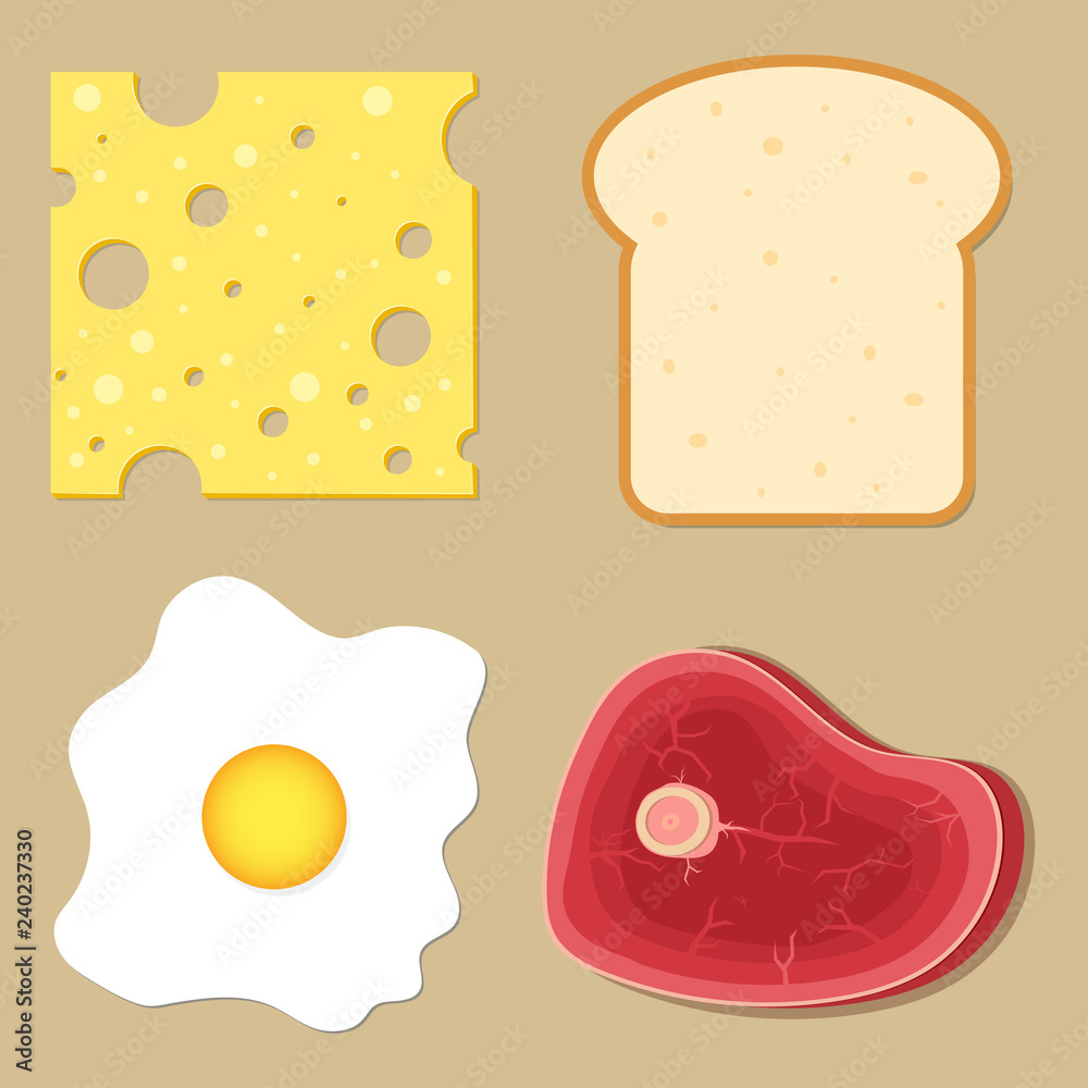 Cheese, bread, scrambled eggs, meat flat, cartoon style vector illustration