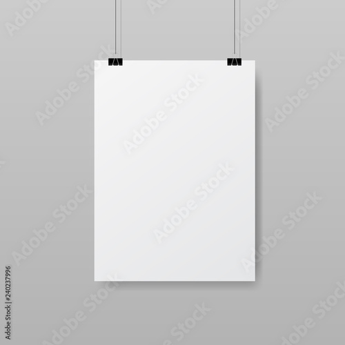 Empty A4 sized vector paper frame mockup hanging with paper clip