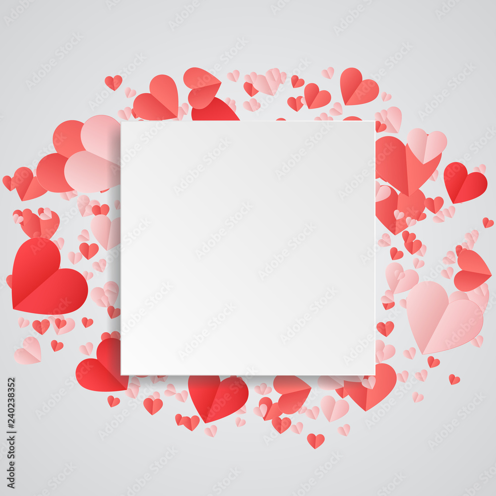 Red heart paper festive white banner. February 14th day. Vector confetti with heart paper plate. Love theme for flyer, special business offer, promo