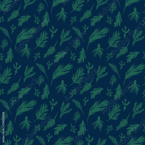 Hand Drawn Evergreen Branches Seamless Pattern Print.Fir,Pine,Cedar,Long needled pine, Berried juniper Illustration