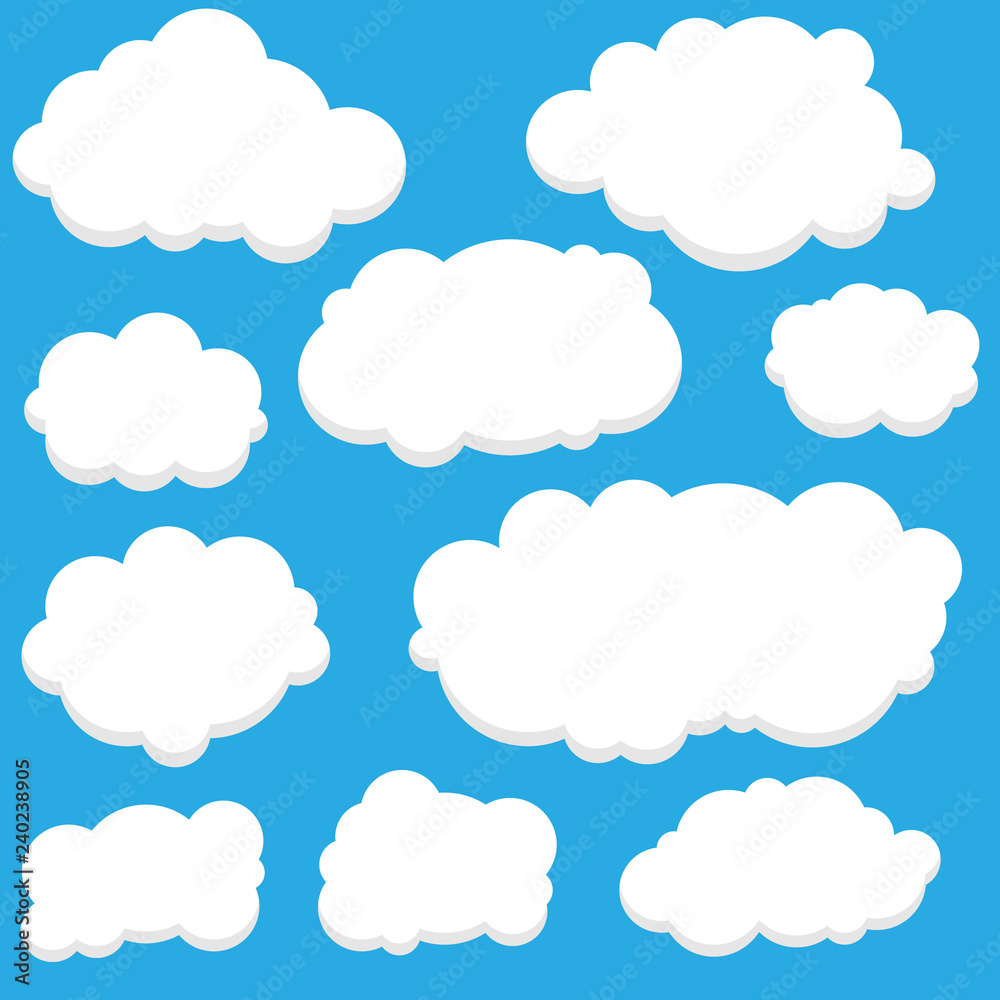 Cloud set isolated on blue background. Collection of clouds for web site, poster, placard and wallpaper