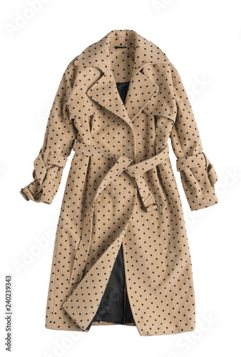 beige women's trench coat in polka dots on a white background