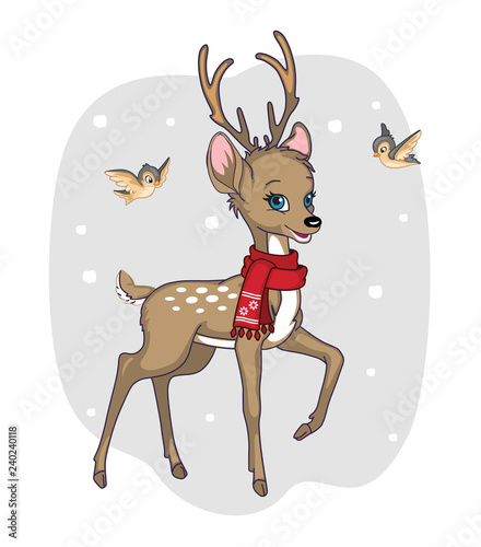 Funny little deer with red scarf on snowy background. Children's cartoon illustration for print or sticker. Wild forest animals. New year's card or poster for friends. Fairy-tale character.  Vector.