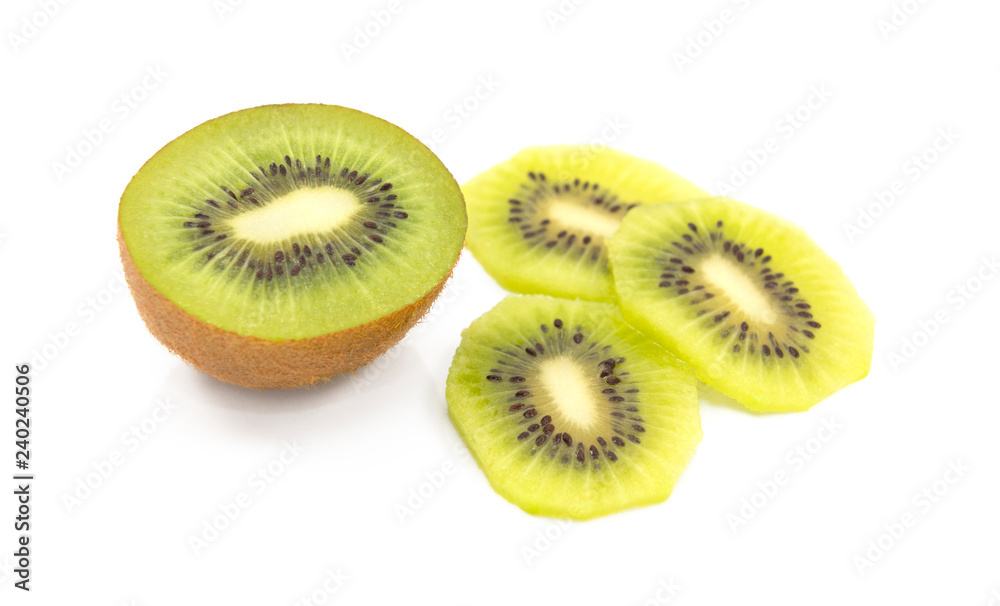 Half a healthy kiwifruit with three slices of fruit Half a healthy kiwifruit with three slices of fruit
