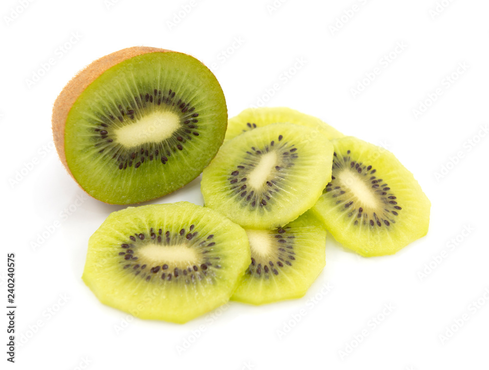 Half portion of kiwifruit, surrounded by freshly cut slices Half portion of kiwifruit, surrounded by freshly cut slices