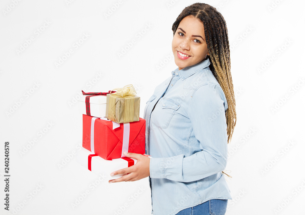 happy black girl with dreadlocks hold many gift boxes isolated on white background happy black girl with dreadlocks hold many gift boxes isolated on white background