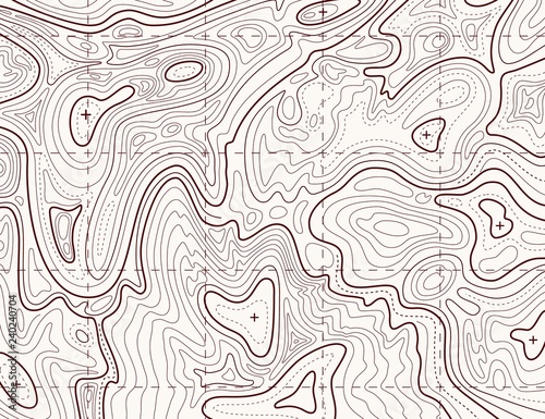 Topographic map. Trail mapping grid, contour terrain relief line texture. Cartography vector concept