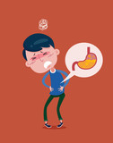 The young man is suffering from stomach pain due to symptoms of stomach disease. vector cartoon