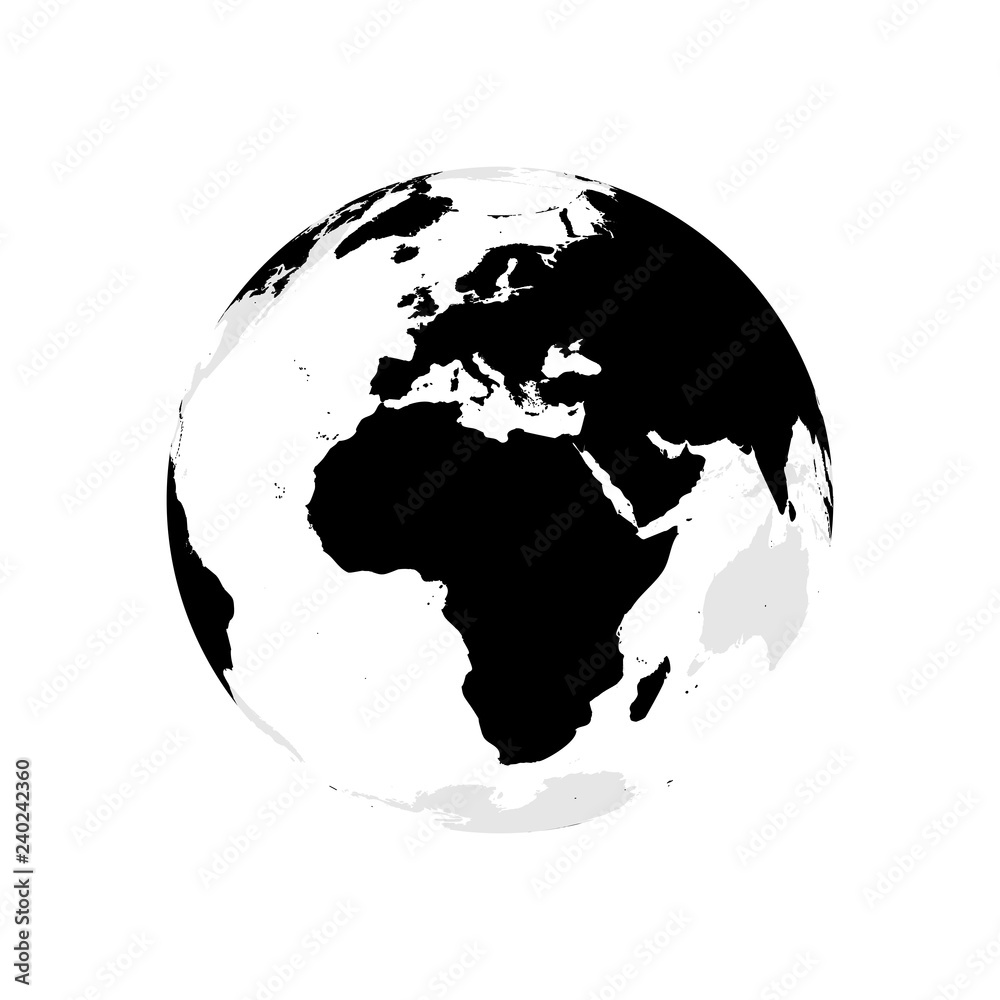 Earth globe with black world map. Focused on Africa and Europe. Flat vector illustration.