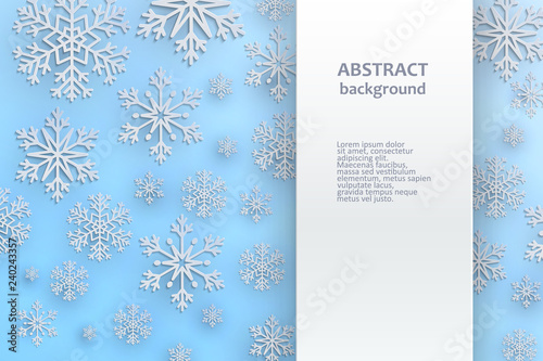 Christmas background with decorative snowflake. Merry Christmas and Happy New Year Greetings card. Paper cut snowflakes design.
