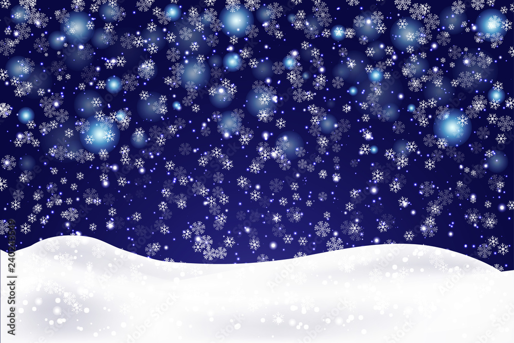Fototapeta Christmas landscape with falling snowflakes. Snow background. Realistic snowdrift isolated. Vector illustration.