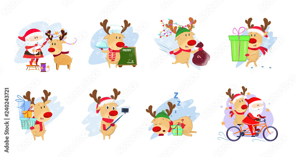 Bright cute set illustration with Santa and deer. Funny cartoon Santa and deer in different poses. Can be used for topics like Christmas, winter, festivals, Happy New Year