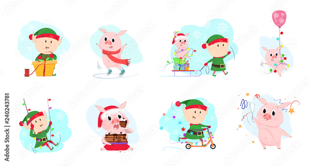Bright elves and piglets set illustration. Elves and piglets in different poses. Can be used for topics like Christmas, winter, festivals, Happy New Year
