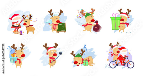 Bright cute set illustration with Santa and deer. Funny cartoon Santa and deer in different poses. Can be used for topics like Christmas  winter  festivals  Happy New Year