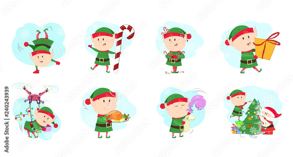 Christmas elves set illustration. Elves in different poses, emotions. Can be used for topics like Christmas, winter, festivals Christmas elves set illustration. Elves in different poses, emotions. Can be used for topics like Christmas, winter, festivals