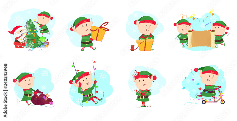 Colorful set illustration of Christmas elves. Elves in green costume in different poses. Can be used for topics like Christmas, winter, festivals, Happy New Year
