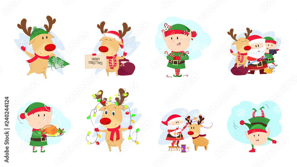 Deer and elves set illustration Deer and elves in different poses. Can be used for topics like Christmas, winter, festivals, Happy New Year Deer and elves set illustration Deer and elves in different poses. Can be used for topics like Christmas, winter, festivals, Happy New Year