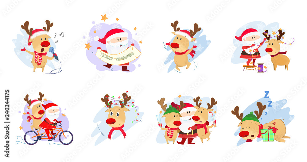 Fototapeta premium Deer and Santa Claus set illustration. Deer and Santa in different poses. Can be used for topics like Christmas, winter, festivals, Happy New Year