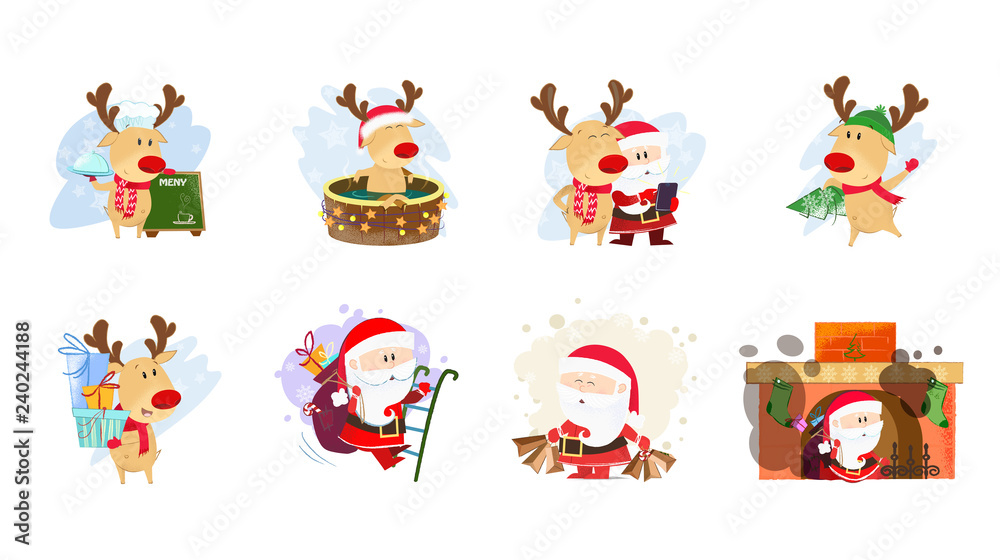 Deer and Santa set illustration. Cartoon characters in different poses and places. Can be used for topics like Christmas, winter, festivals, Happy New Year