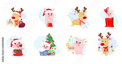 Deer and piglets set illustration. Deer and piggies in different poses. Can be used for topics like Christmas, winter, festivals, Happy New Year