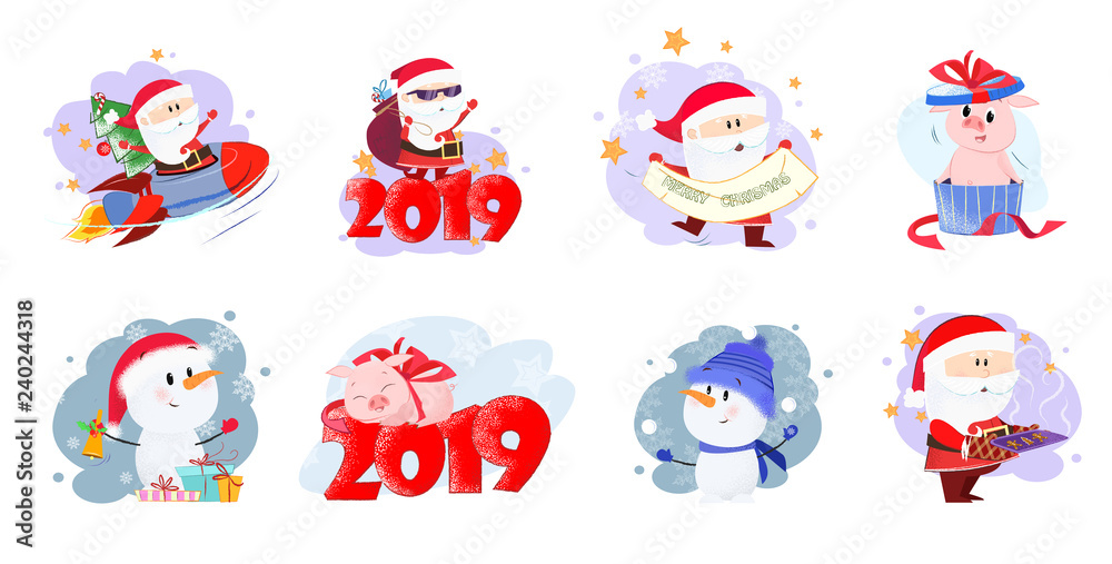 Fototapeta premium Santa and piglets with dates set illustration. Santa Claus, snowmen and piglets with dates in different poses. Can be used for topics like Christmas, winter, festivals, Happy New Year