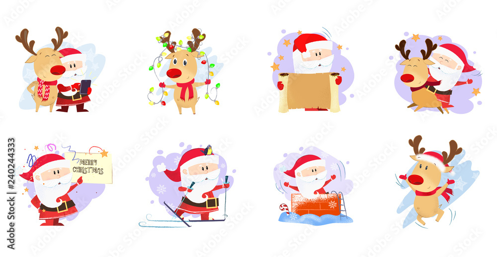 Santa Claus and deer set illustration. Santa and deer in different poses. Can be used for topics like Christmas, winter, festivals, Happy New Year Santa Claus and deer set illustration. Santa and deer in different poses. Can be used for topics like Christmas, winter, festivals, Happy New Year