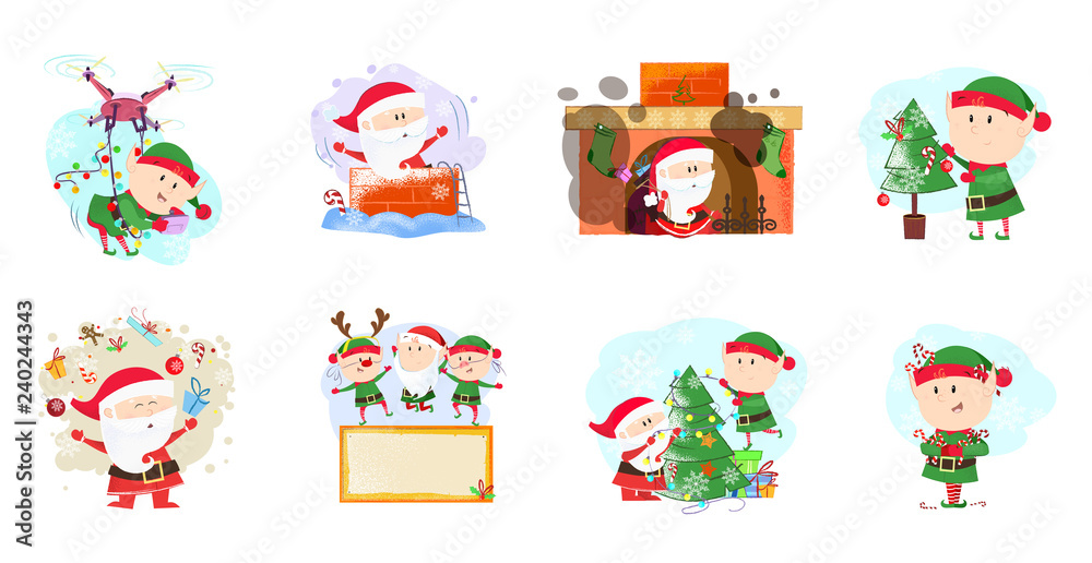Fototapeta premium Santa Claus and elves set illustration. Santa Clauses and elves in different poses. Can be used for topics like Christmas, winter, festivals, Happy New Year
