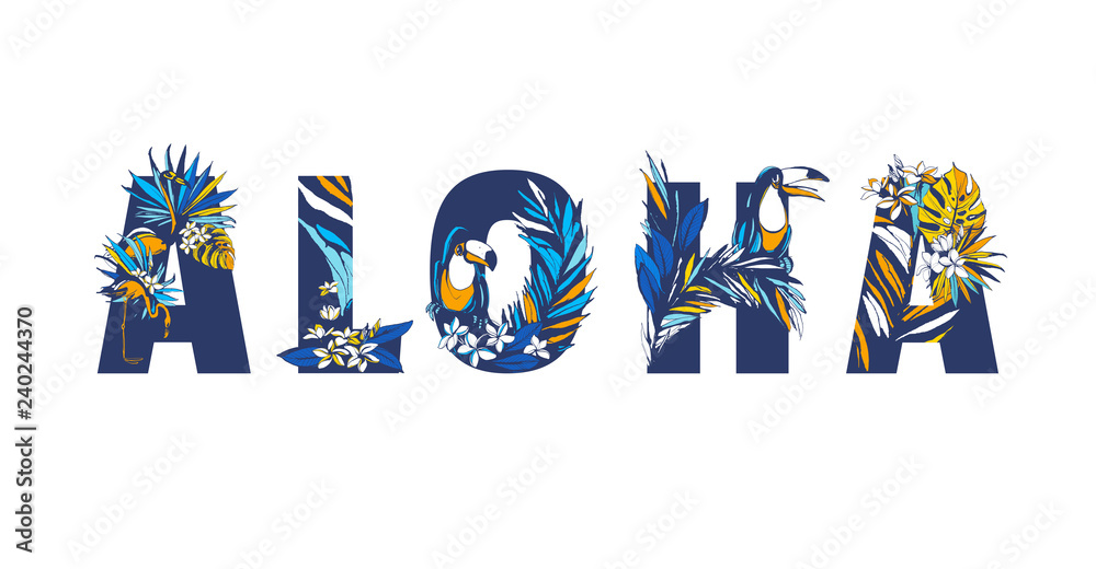 Decorative floral tropical tropic pattern lettering quote ALOHA