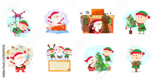 Santa Claus and elves set illustration. Santa Clauses and elves in different poses. Can be used for topics like Christmas, winter, festivals, Happy New Year