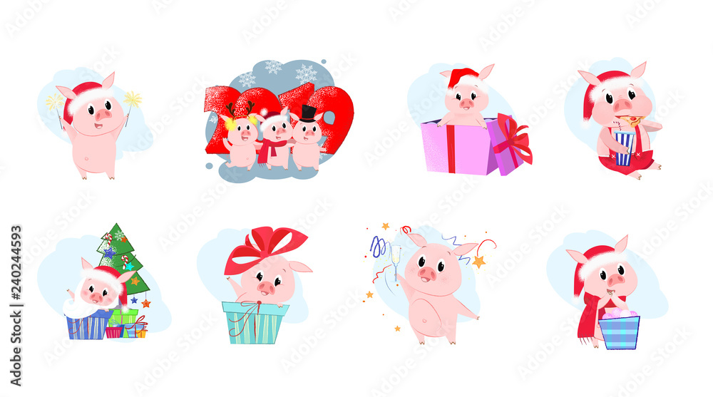 Set illustration with piglet company. Cartoon pigs in different poses. Can be used for topics like Christmas, winter, festivals, Happy New Year