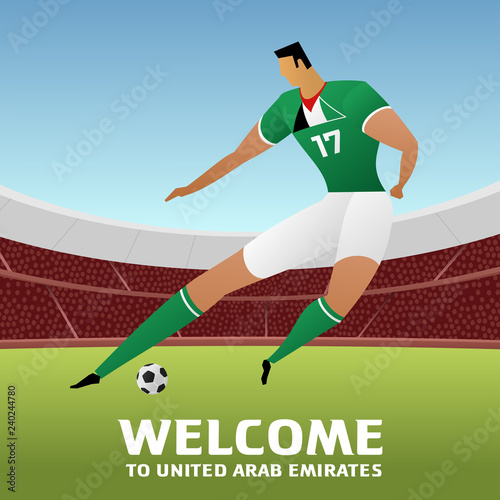 Soccer player on background with soccer stadium. 2018, 2019 trend. Asian Football Cup, Club World Cup in United Arab Emirates. Full color vector illustration in flat style. photo