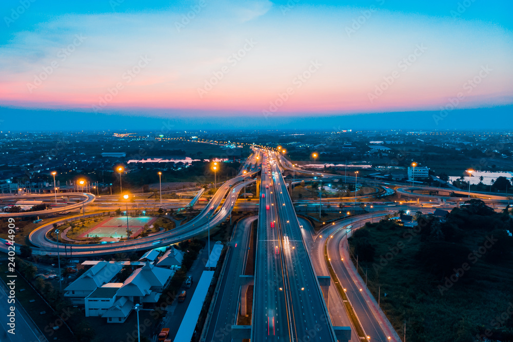 Fototapeta premium Expressway top view, Road traffic an important infrastructure