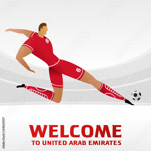 Soccer player on background with soccer stadium. 2018, 2019 trend. Asian Football Cup, Club World Cup in United Arab Emirates. Full color vector illustration in flat style. photo