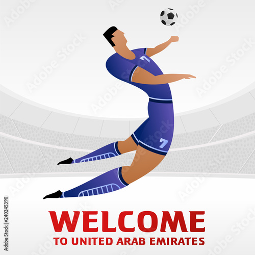 Soccer player on background with soccer stadium. 2018, 2019 trend. Asian Football Cup, Club World Cup in United Arab Emirates. Full color vector illustration in flat style. photo