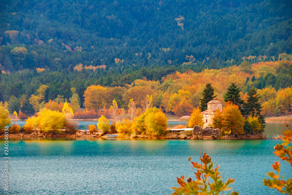 Picturesque autumn landscape in Doxa lake in Peloponnese, Greece