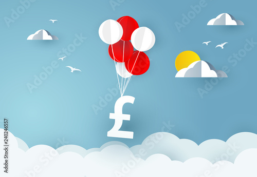 Balloon carries pound money sign. Paper art
