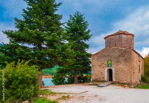 Church of Saint Fanourios in the heart of Doxa lake in Peloponnese  Greece