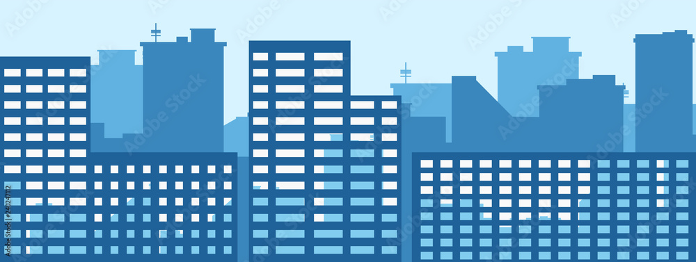 Silhouette of the city. Cityscape background. Simple blue texture. Urban landscape. Reflection of buildings in windows. For banner or template. Modern city with layers. Flat style vector illustration.