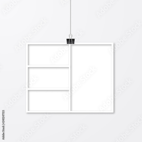 Realistic isolated white paper photo frame hanging with binder clips. Template collage vector illustration. Mock up for photographers.