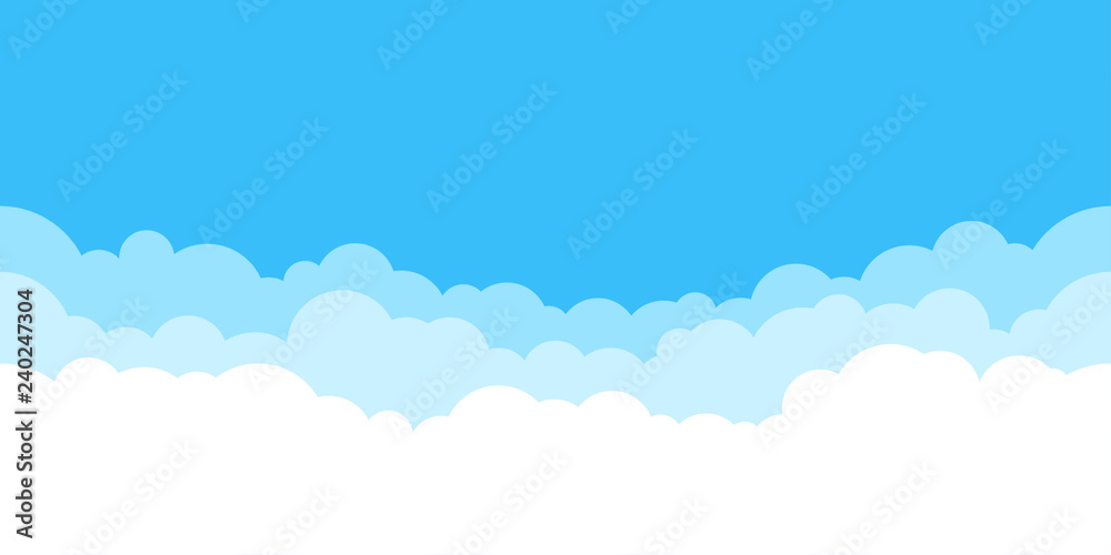 Fototapeta Niebieskie niebo z białym chmurami tło. Granica chmur. Prosty projekt kreskówki. Ilustracja wektorowa urządzony.
