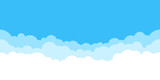 Blue sky with white clouds background. Border of clouds. Simple cartoon design. Flat style vector illustration.