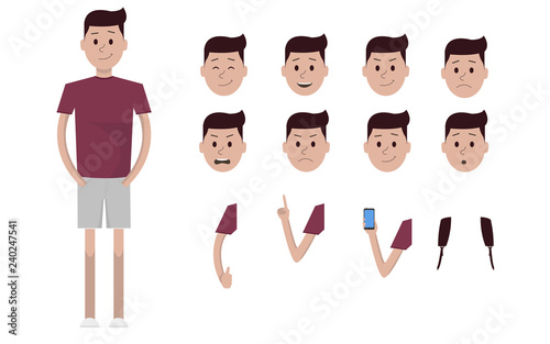Male boy character creation constructor set. Full length, different views, emotions, gestures, isolated against white background. Build your own design. Cartoon flat-style infographic illustration